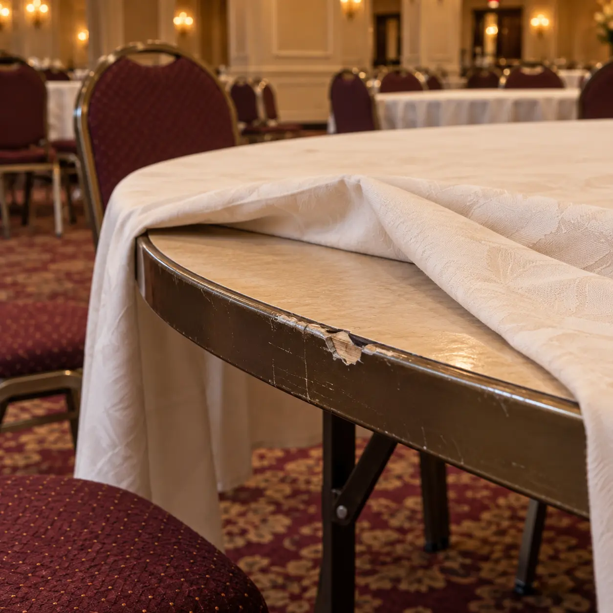 A chipped edge on a round banquet table