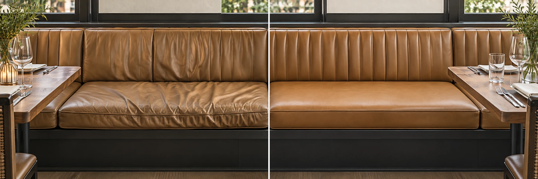 Custom banquette cushions across a run, creased before and crisp after recovering