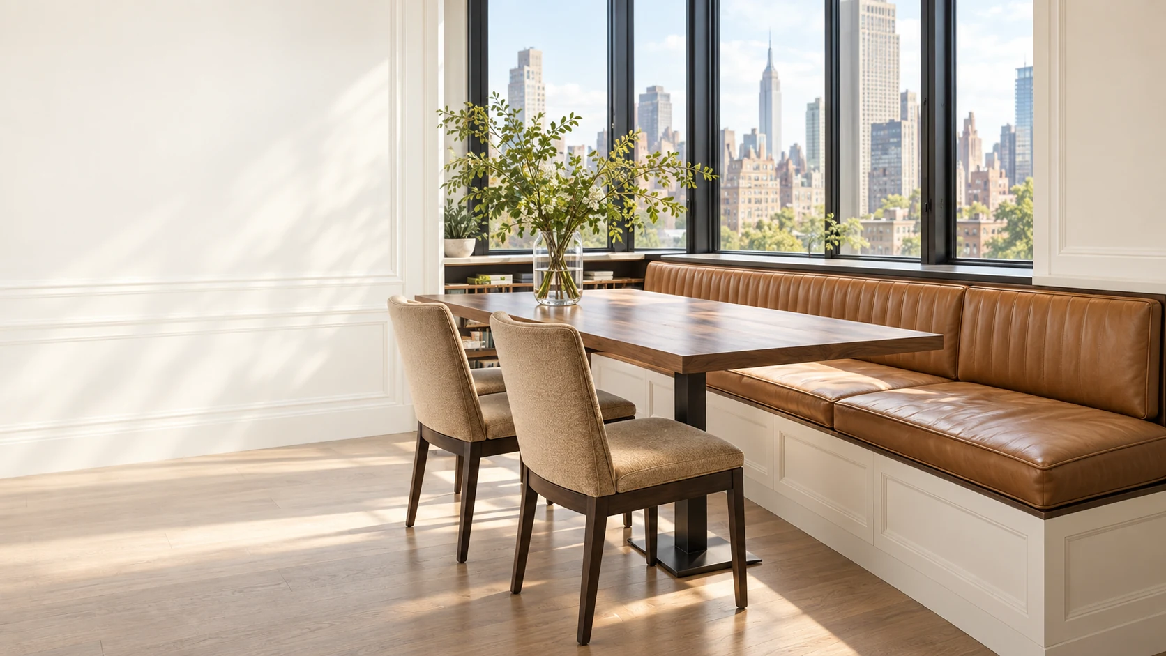 Custom banquette cushions in a Manhattan window bay, laid for dinner