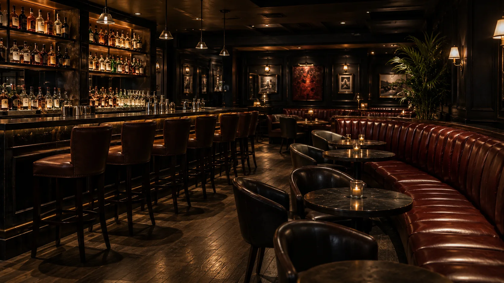 Bar room with tan leather stools at the counter and a red banquette along the wall