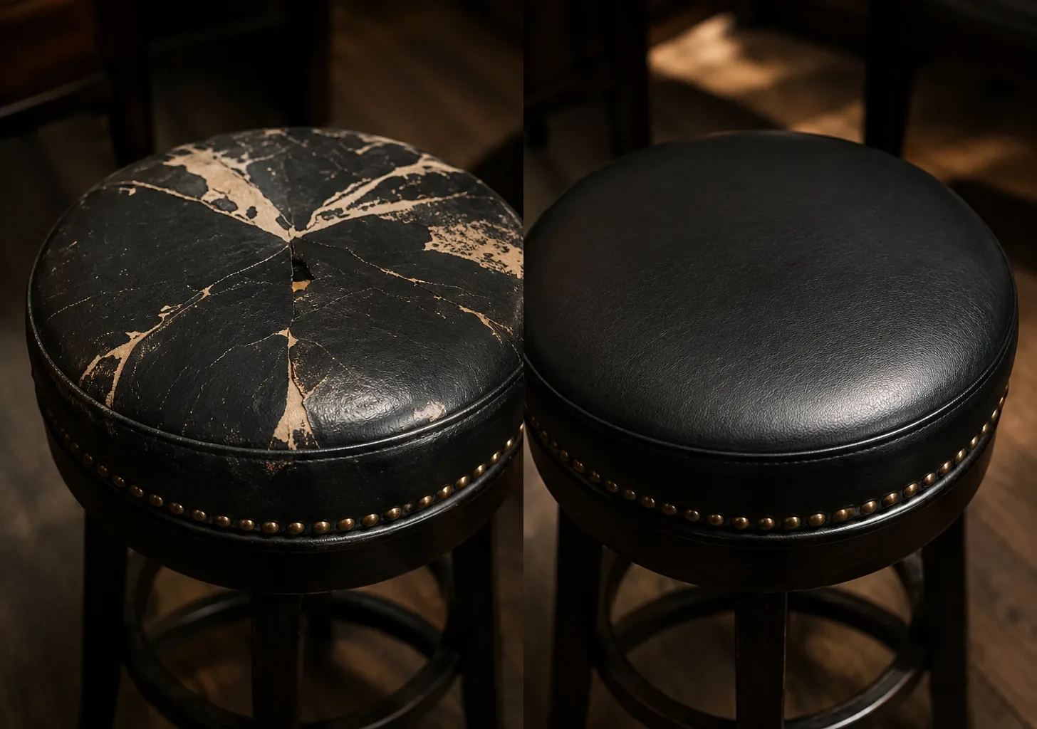 Black nailhead stool seat before and after