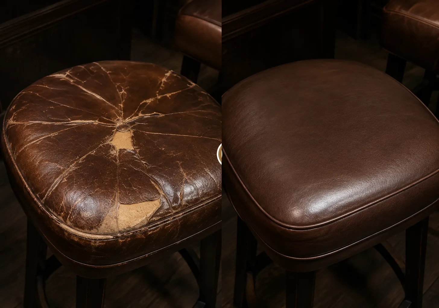 Brown leather stool seat before and after