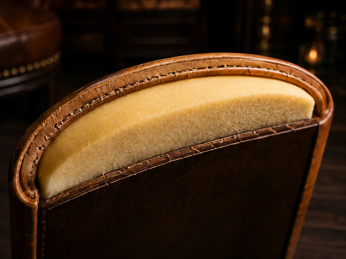 Padded seat edge opened at the welt, showing the pale foam edge roll rolled inside the leather