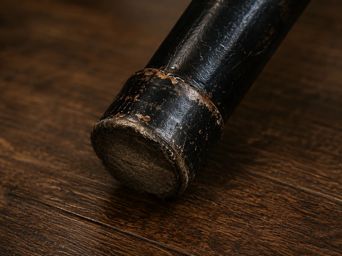Foot of a black-painted wooden bar stool leg, the finish worn off the tip and bare end grain showing
