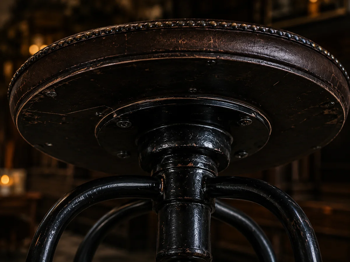 Underside of a round leather bar stool showing the swivel plate bolted through the seat pan above the column