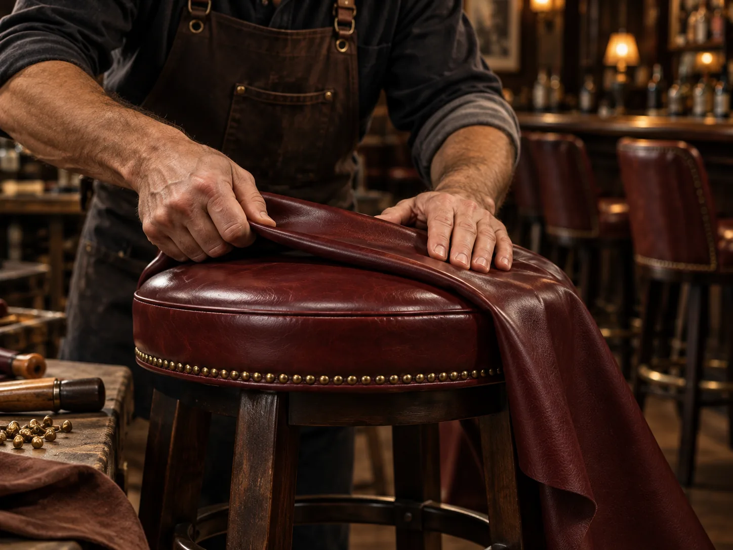 New leather fitted to a stool seat