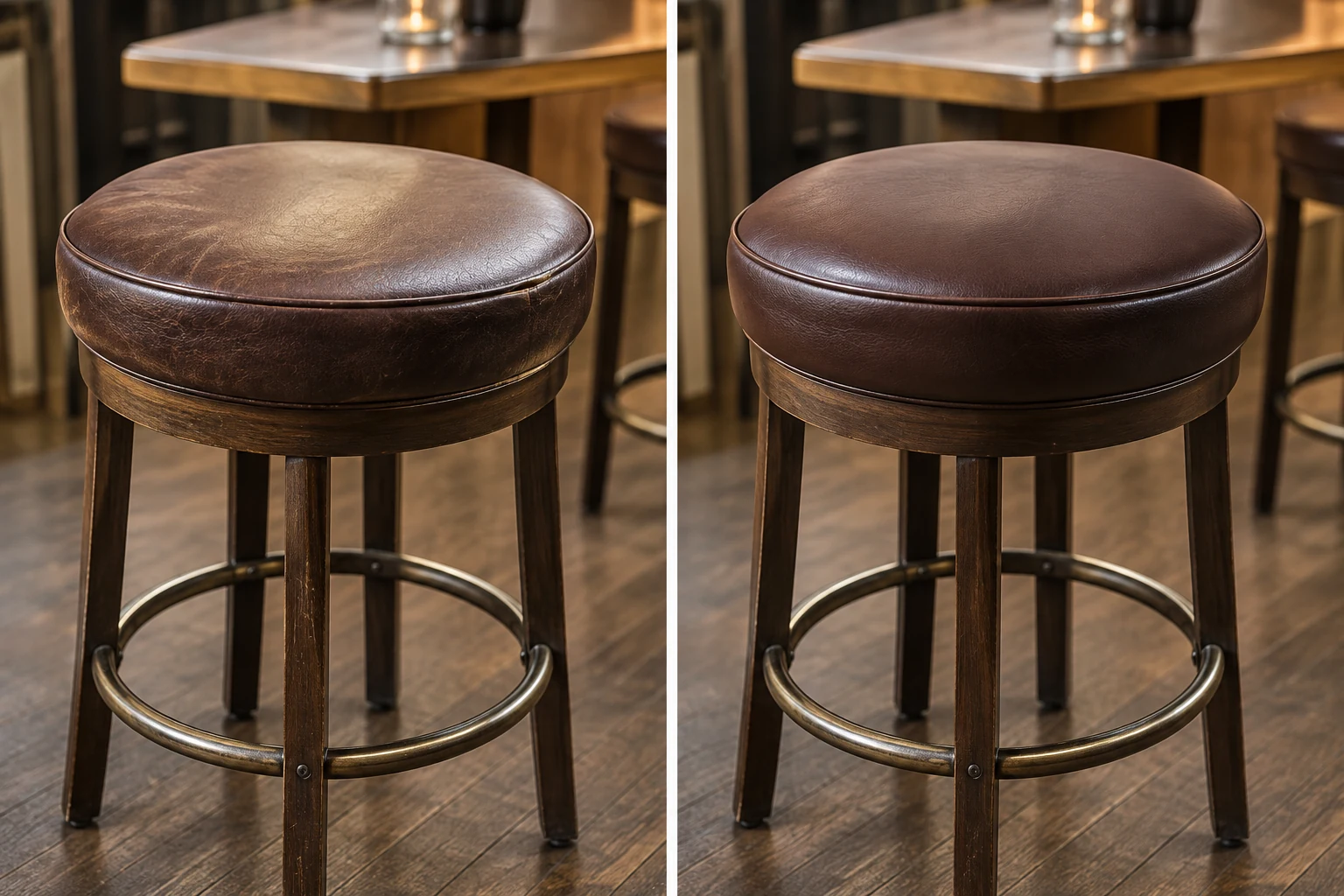 Before and after of a brown round swivel bar stool seat, the top dulled and slack then full and even