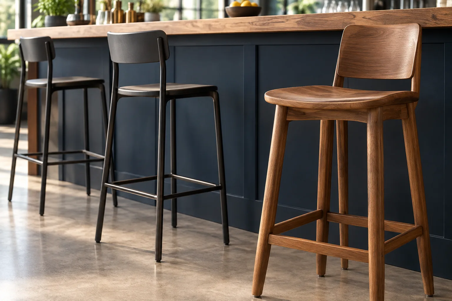 Counter stools in wood, leather and metal