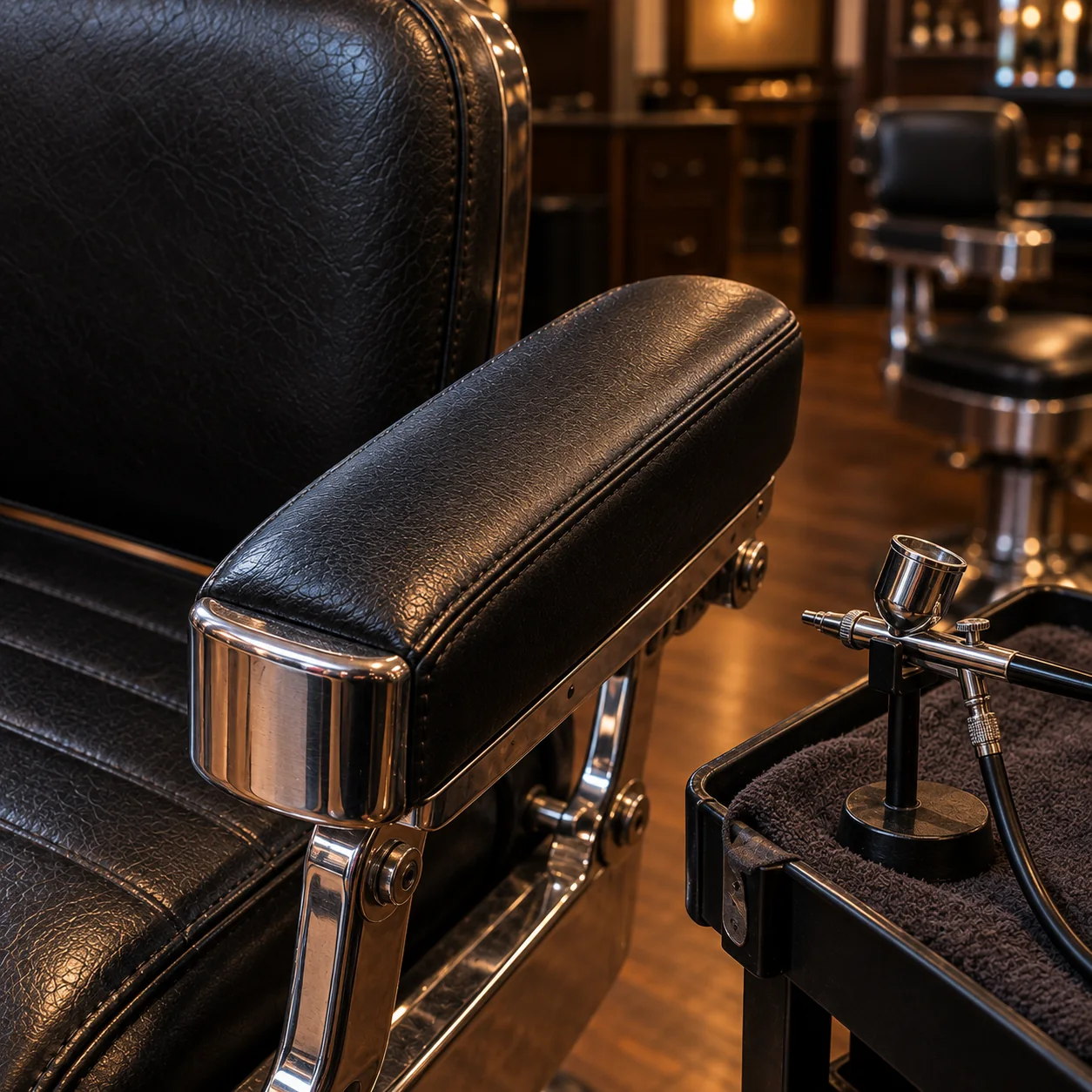 An airbrush on a stand beside a freshly recolored barber chair arm pad