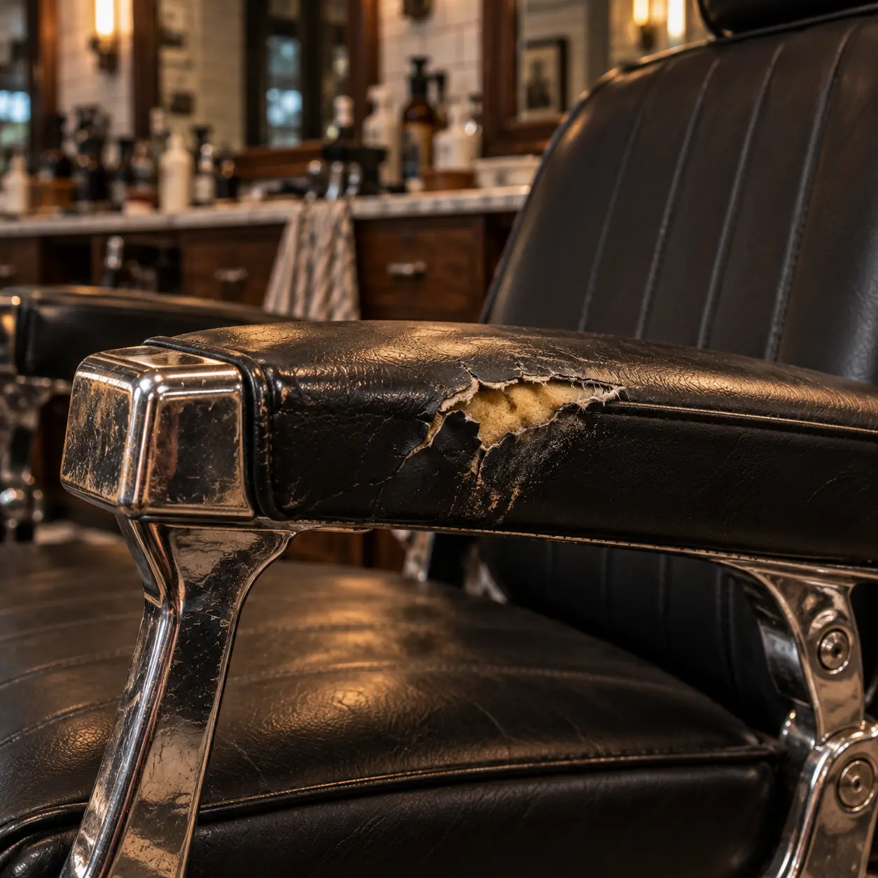 A black barber chair arm pad worn through to the foam