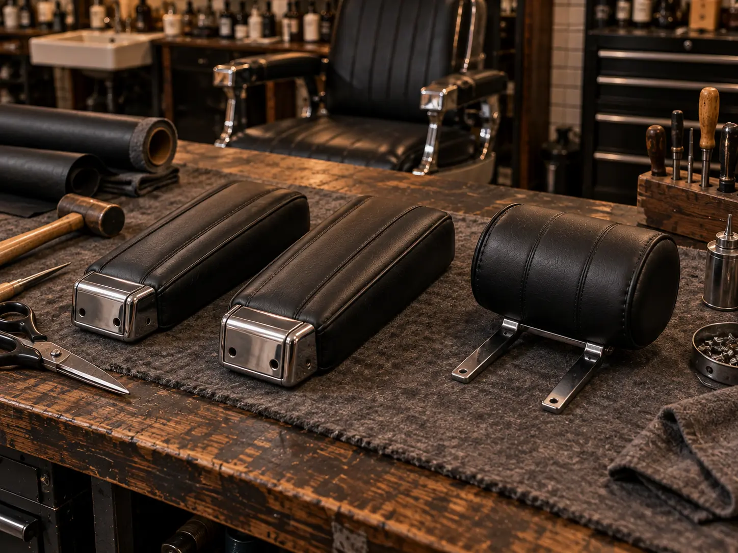 Recovered black arm pads and headrest lined up on the bench