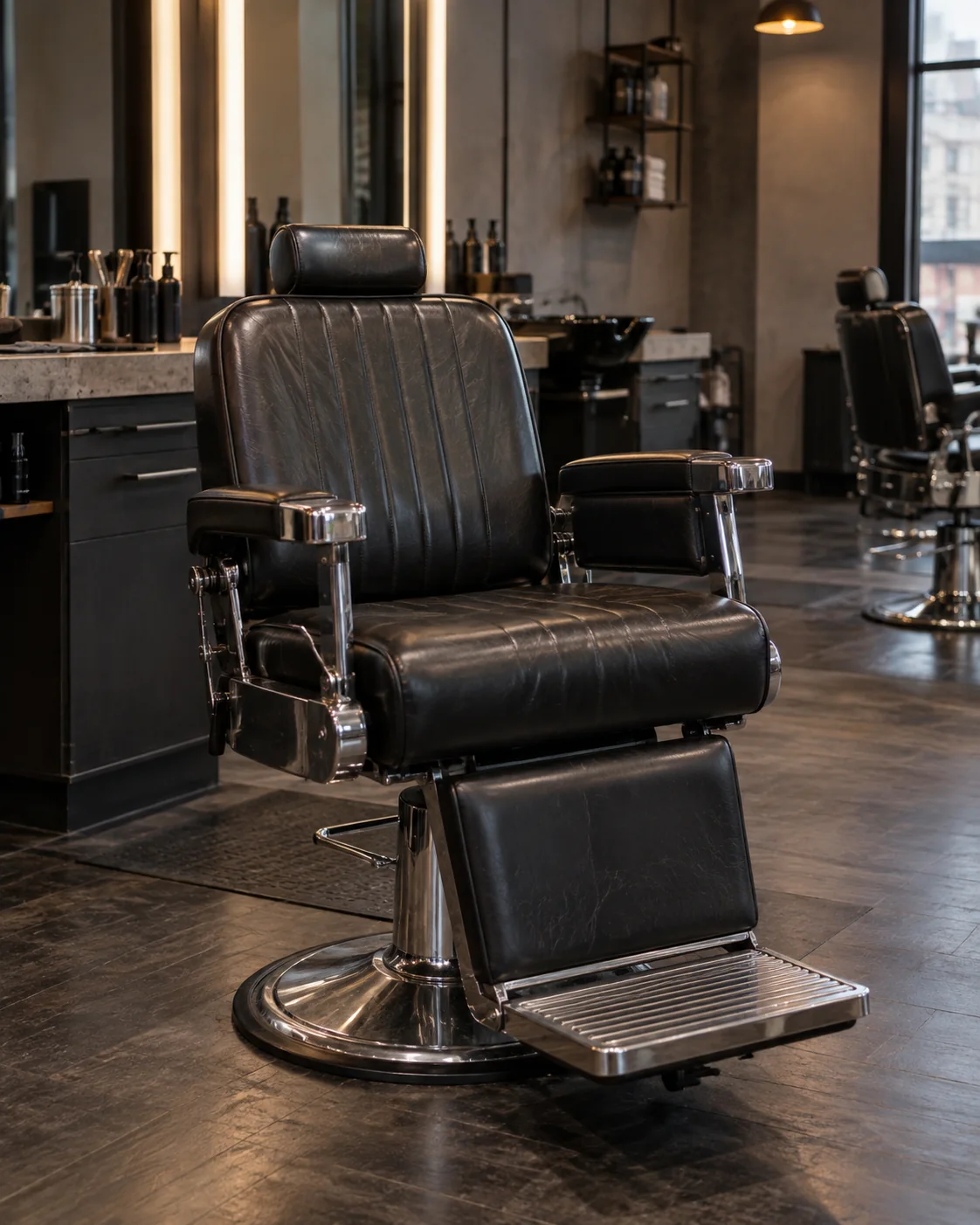 Black leather barber chair with chrome footrest
