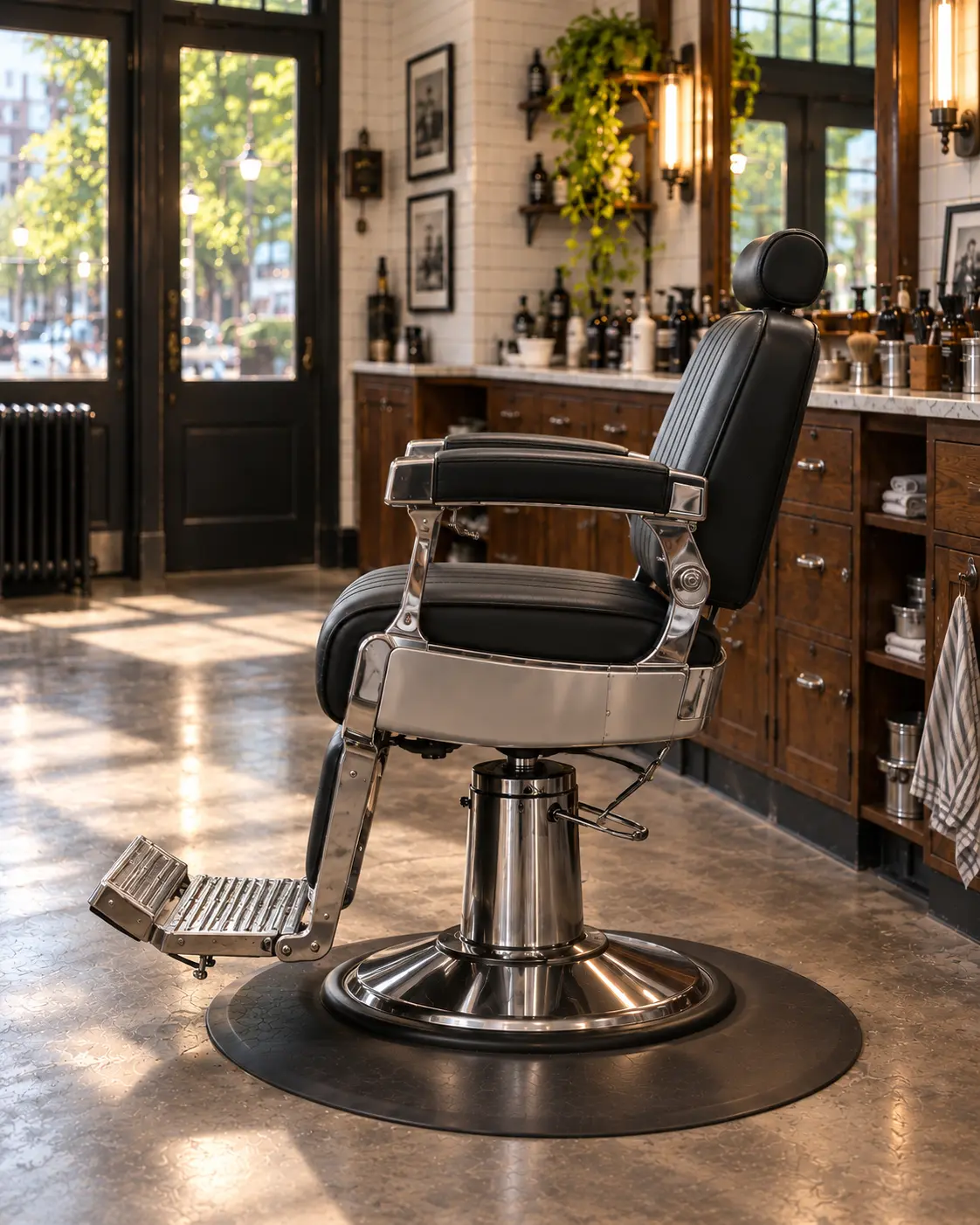 A recovered black barber chair in side profile with chrome frame