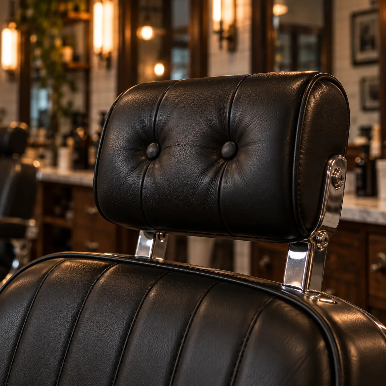 A black button-tufted barber chair headrest