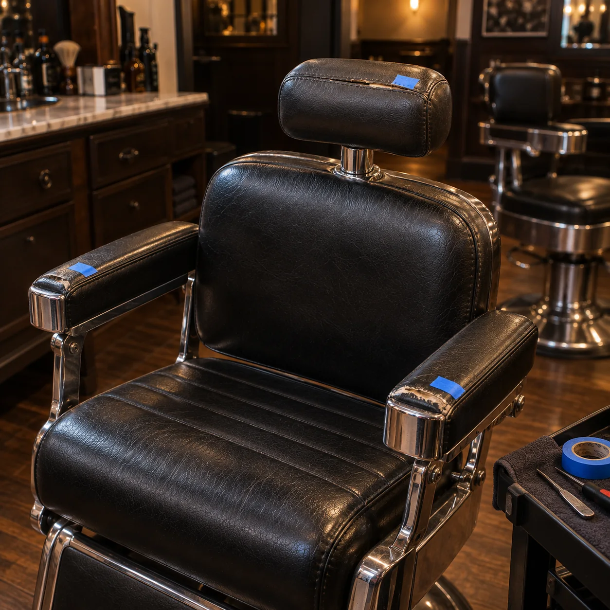 Blue tape marking the split headrest and worn arm pads of a barber chair
