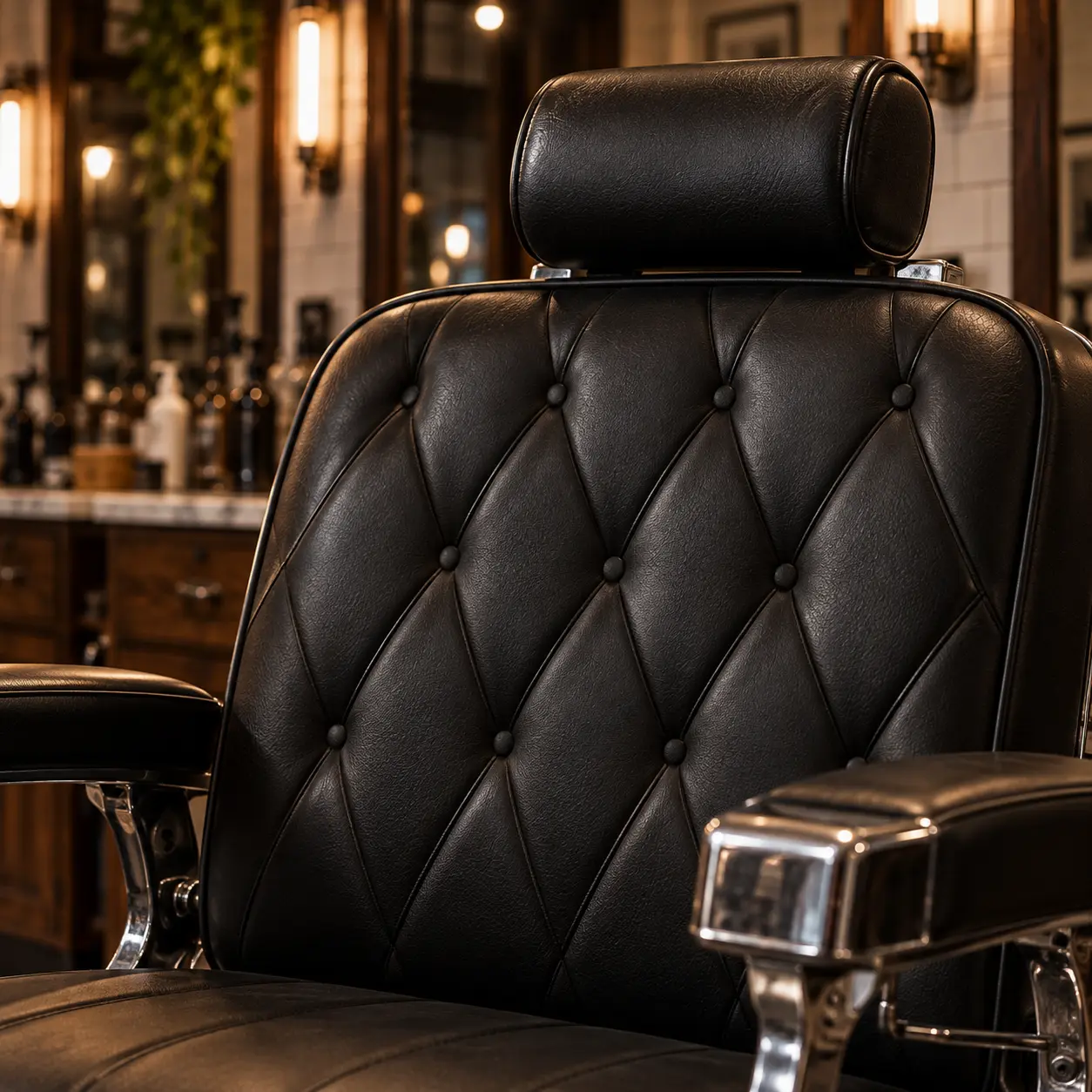 A black diamond-tufted barber chair back