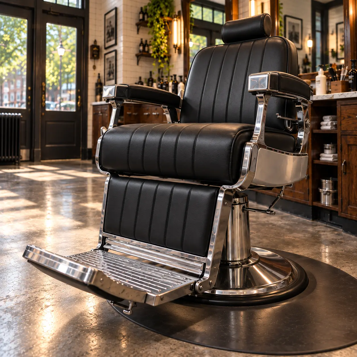 The chrome footrest and new seat front edge of a black barber chair