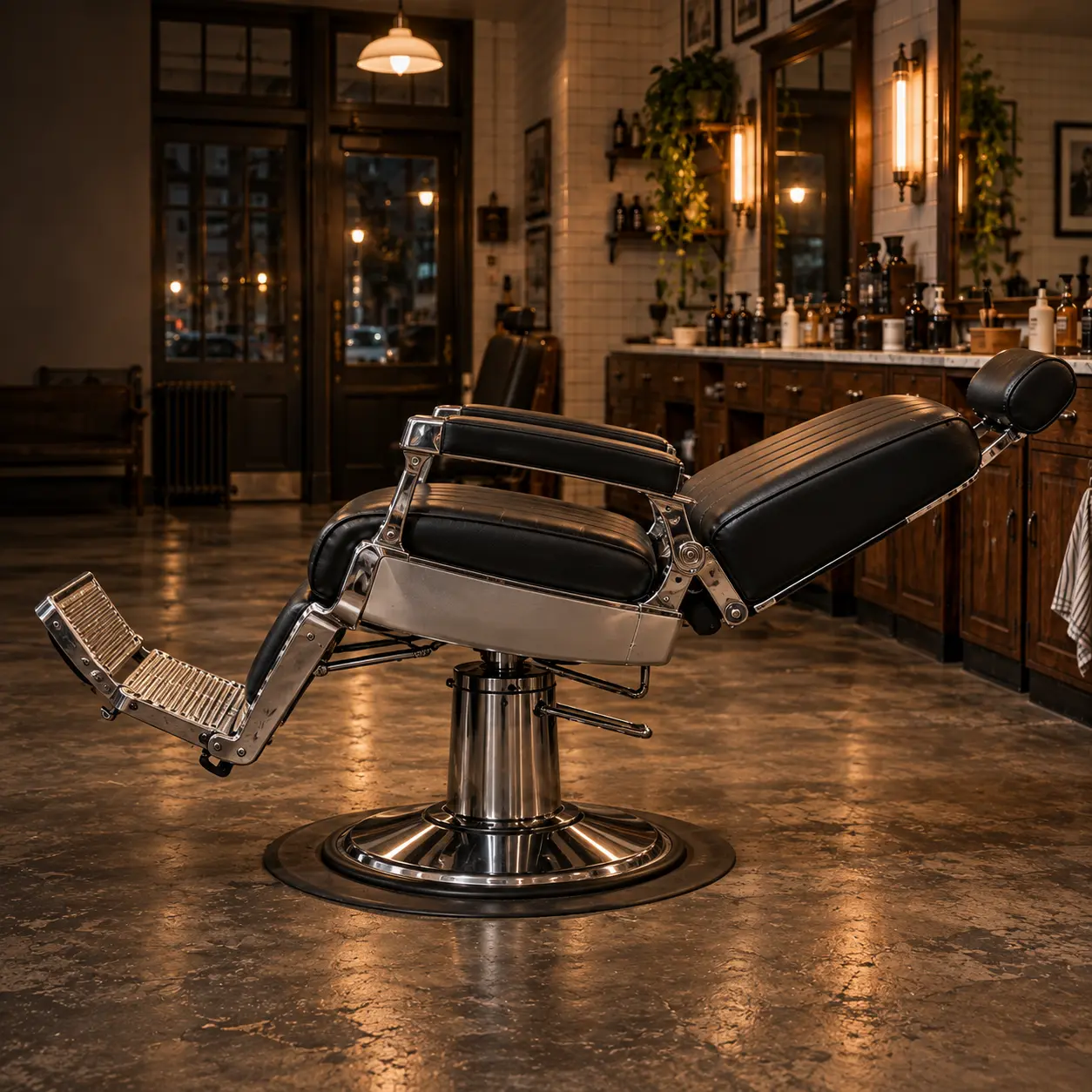 A black barber chair fully reclined on its chrome frame