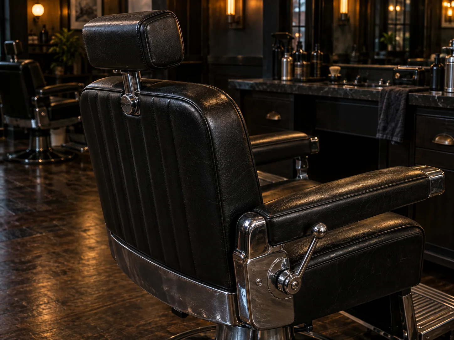 A barber chair headrest and recline lever in close view