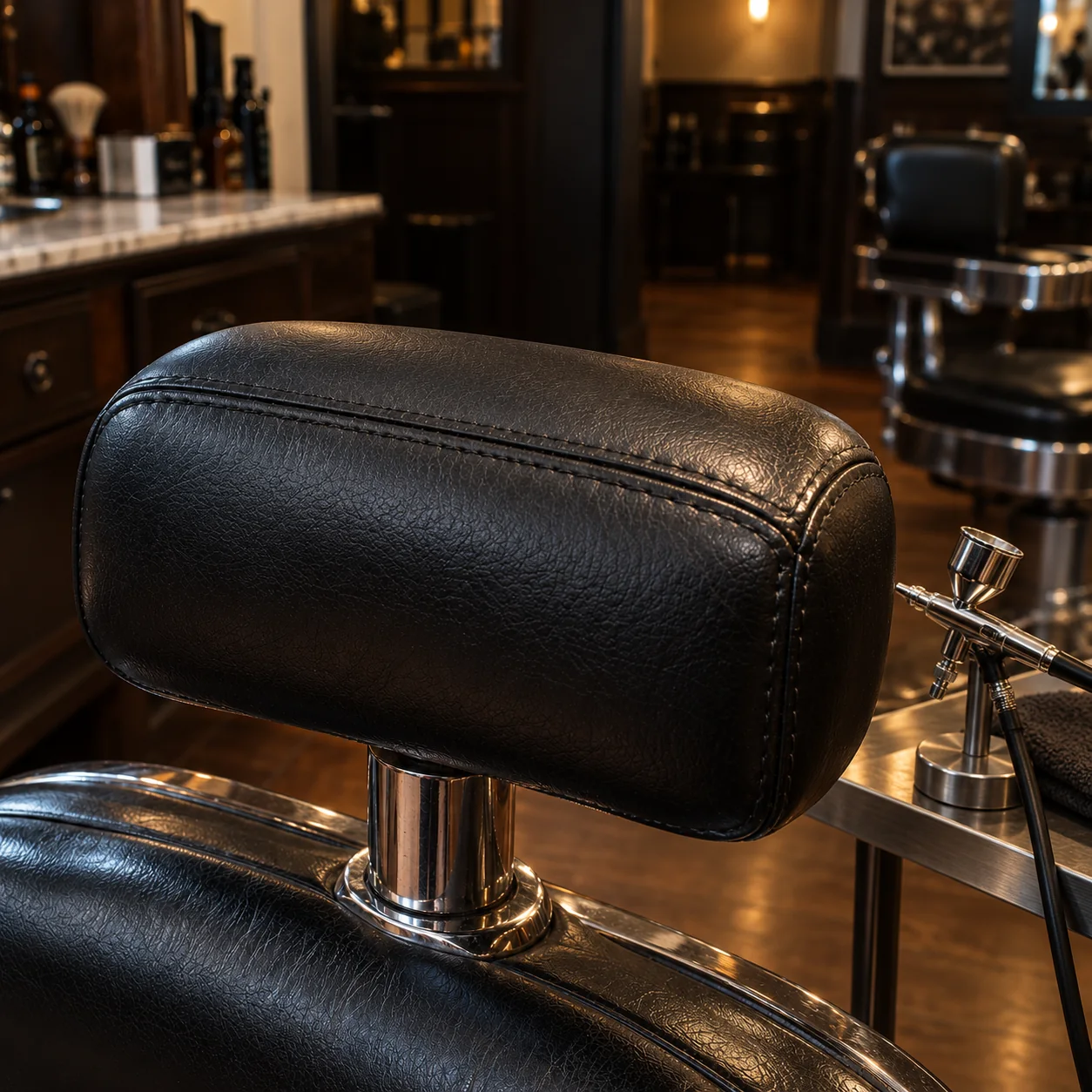 The repaired barber chair headrest with an airbrush on a stand beside it