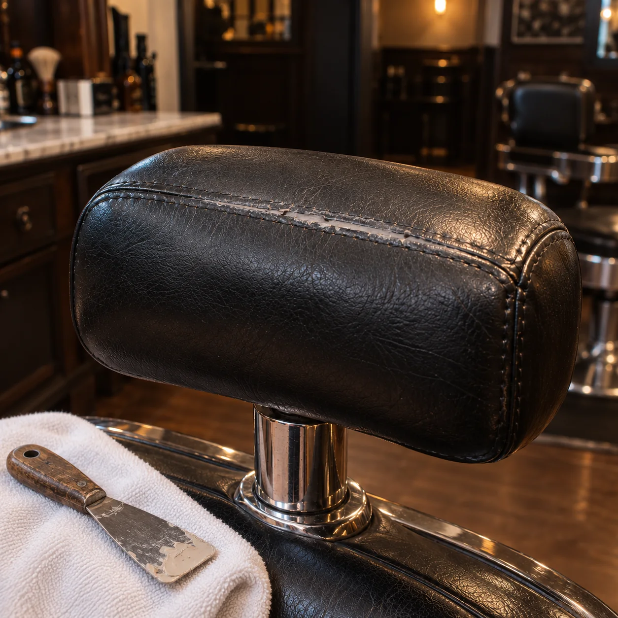 The barber chair headrest seam closed and filled, spatula resting beside it