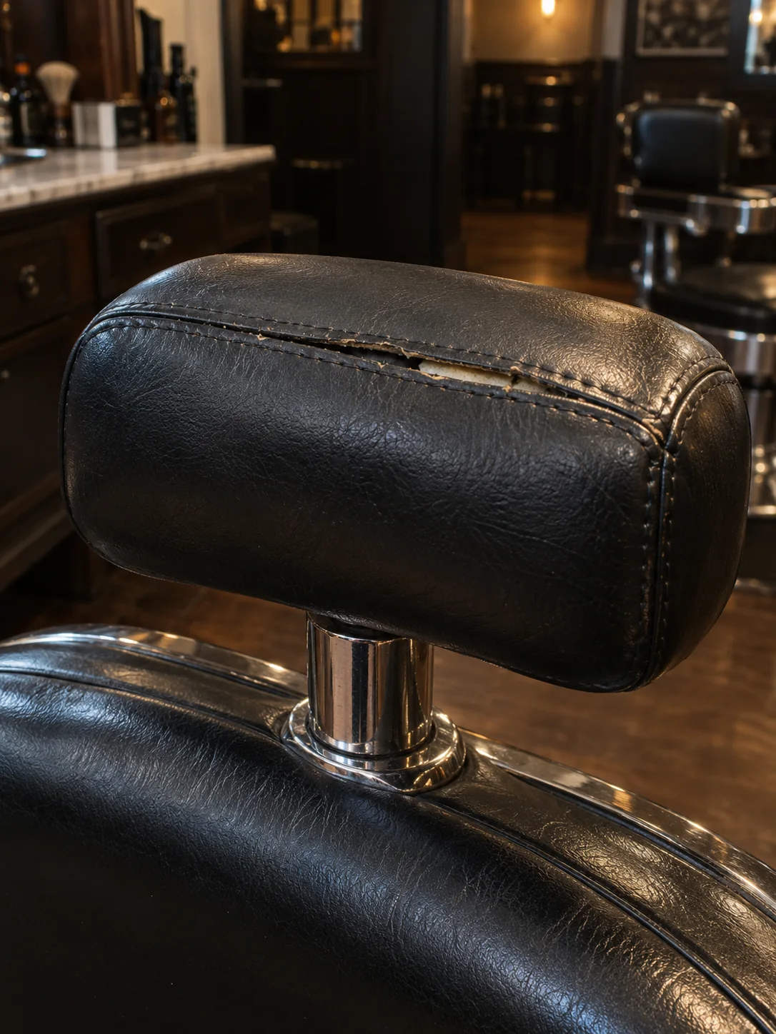 Before: a black barber chair headrest with a split along its top seam