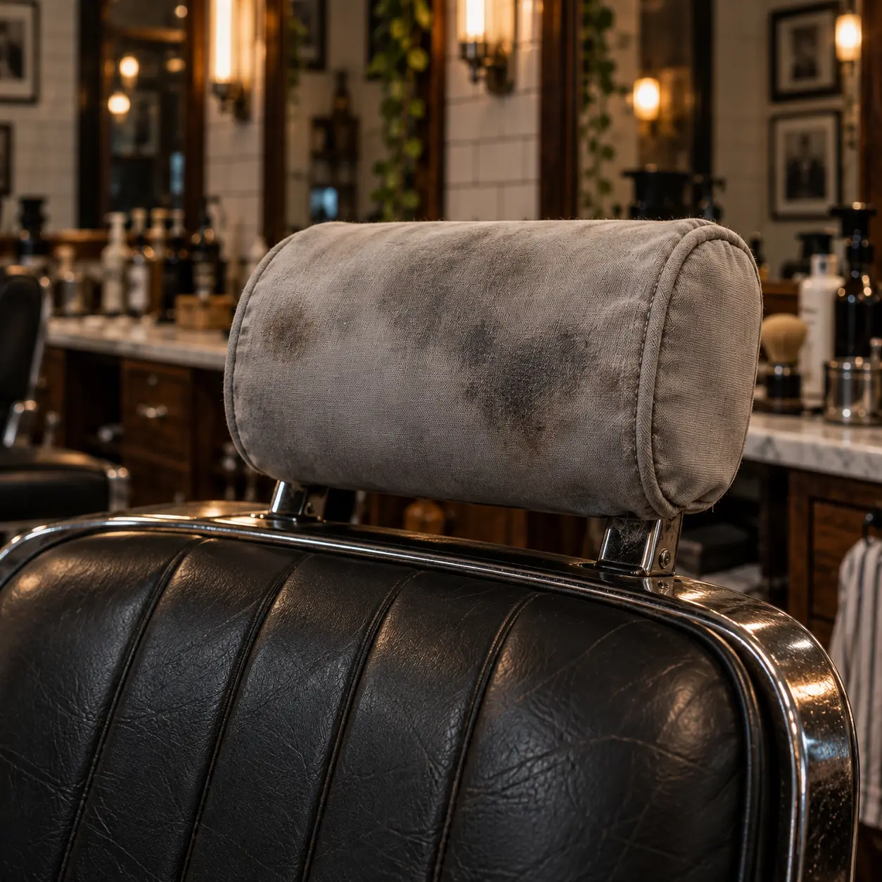 A pale grey barber chair headrest stained by hair oil