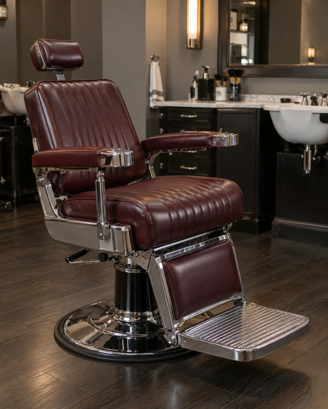 A barber chair with its headrest raised and chrome frame