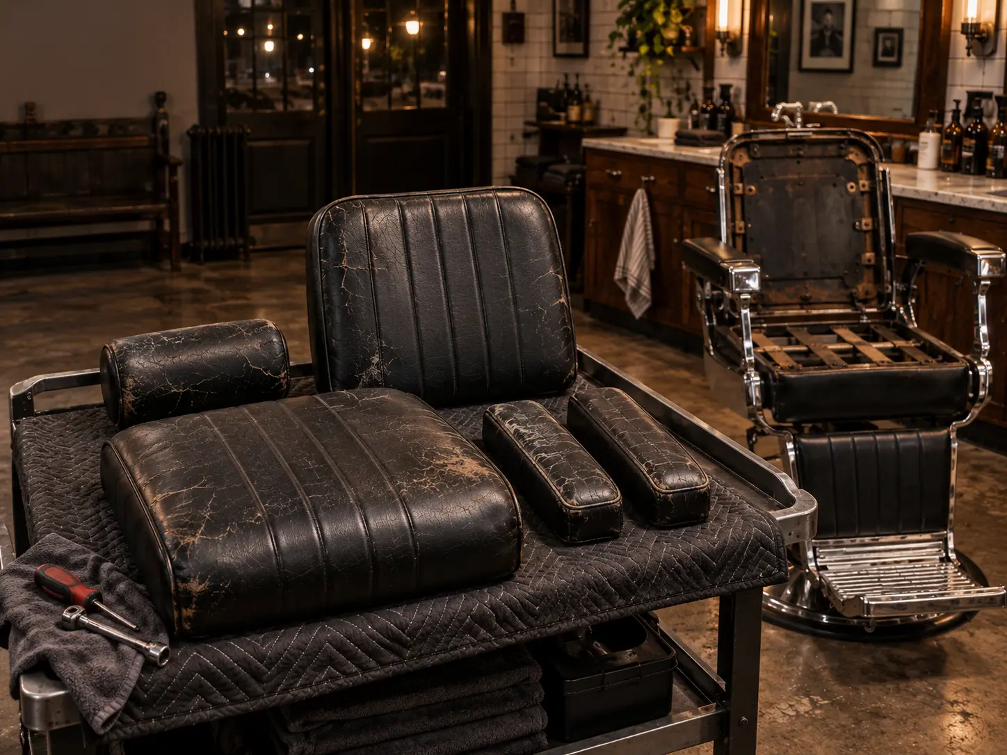 Seat, back, headrest and arm pads of a barber chair laid out on a padded cart