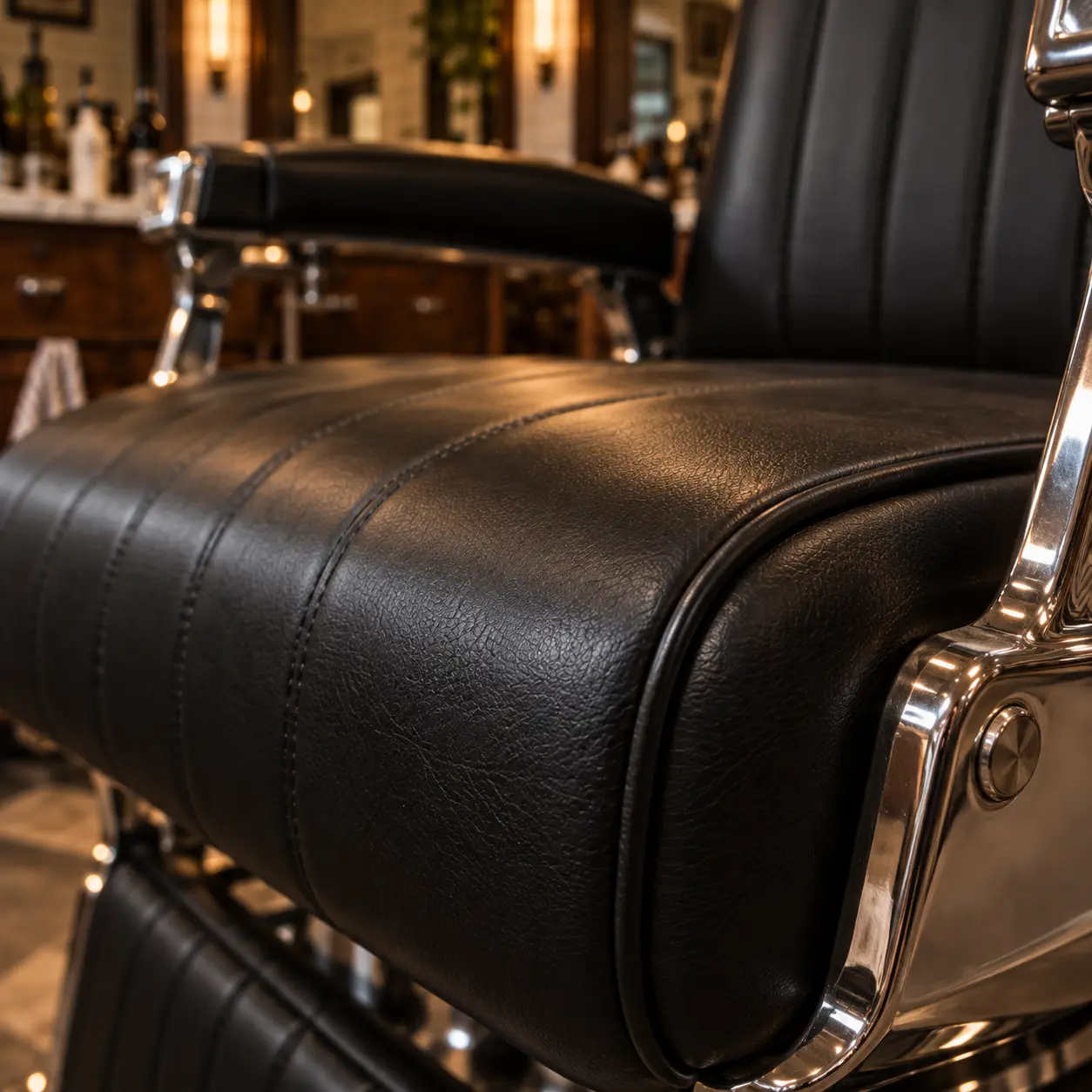 Black piping along the edge of a barber chair seat