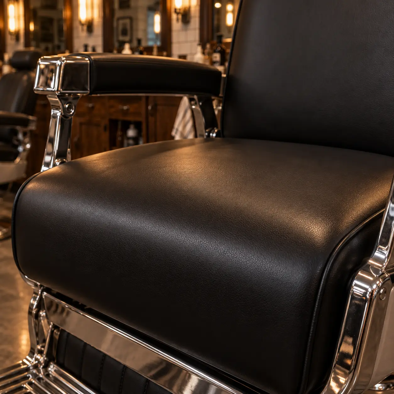 A plain smooth black barber chair seat panel