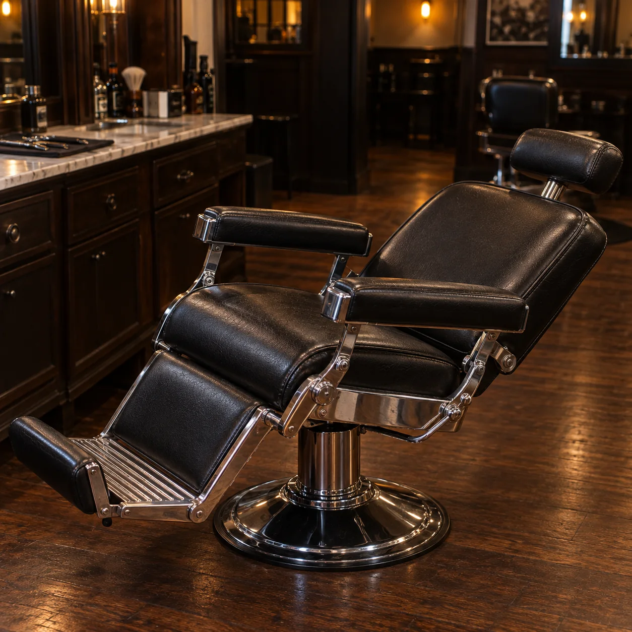 The repaired barber chair reclined fully in an empty barbershop