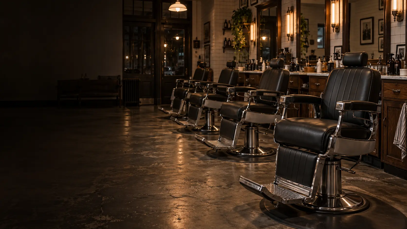 Barber chair reupholstery NYC: a row of barber chairs in new black vinyl in a barbershop after closing