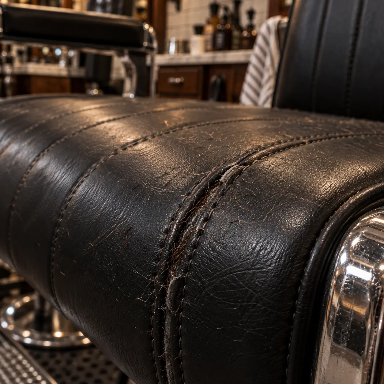 Short hair clippings packed into an opening seam on a black seat