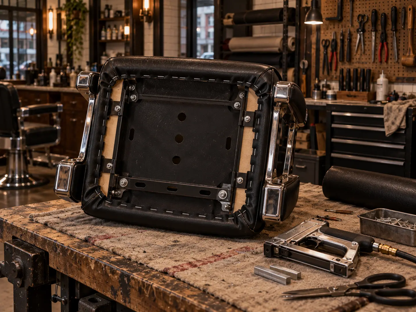 New black vinyl stapled to the underside of a barber chair seat