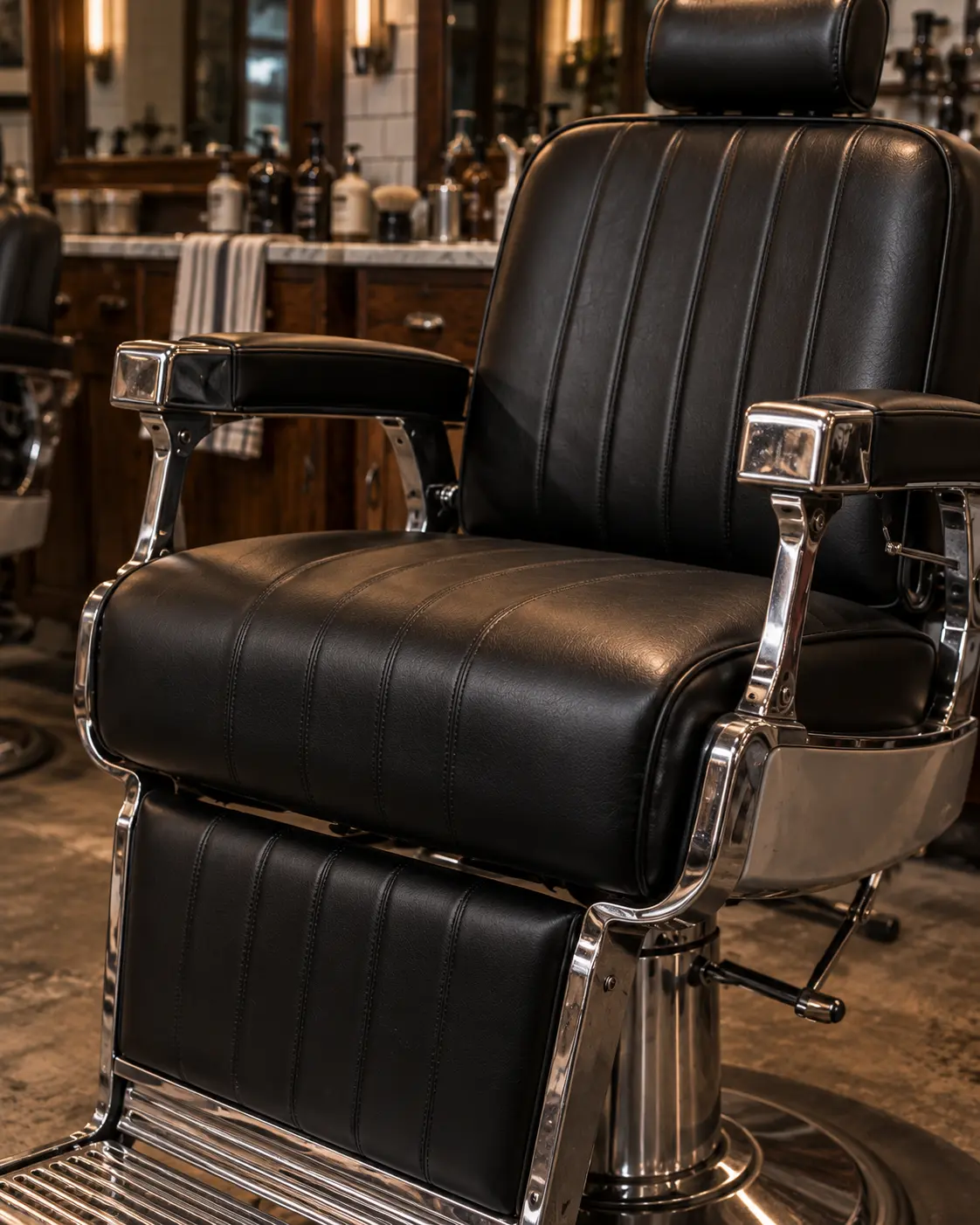 The seat cushion of a black barber chair in new vinyl