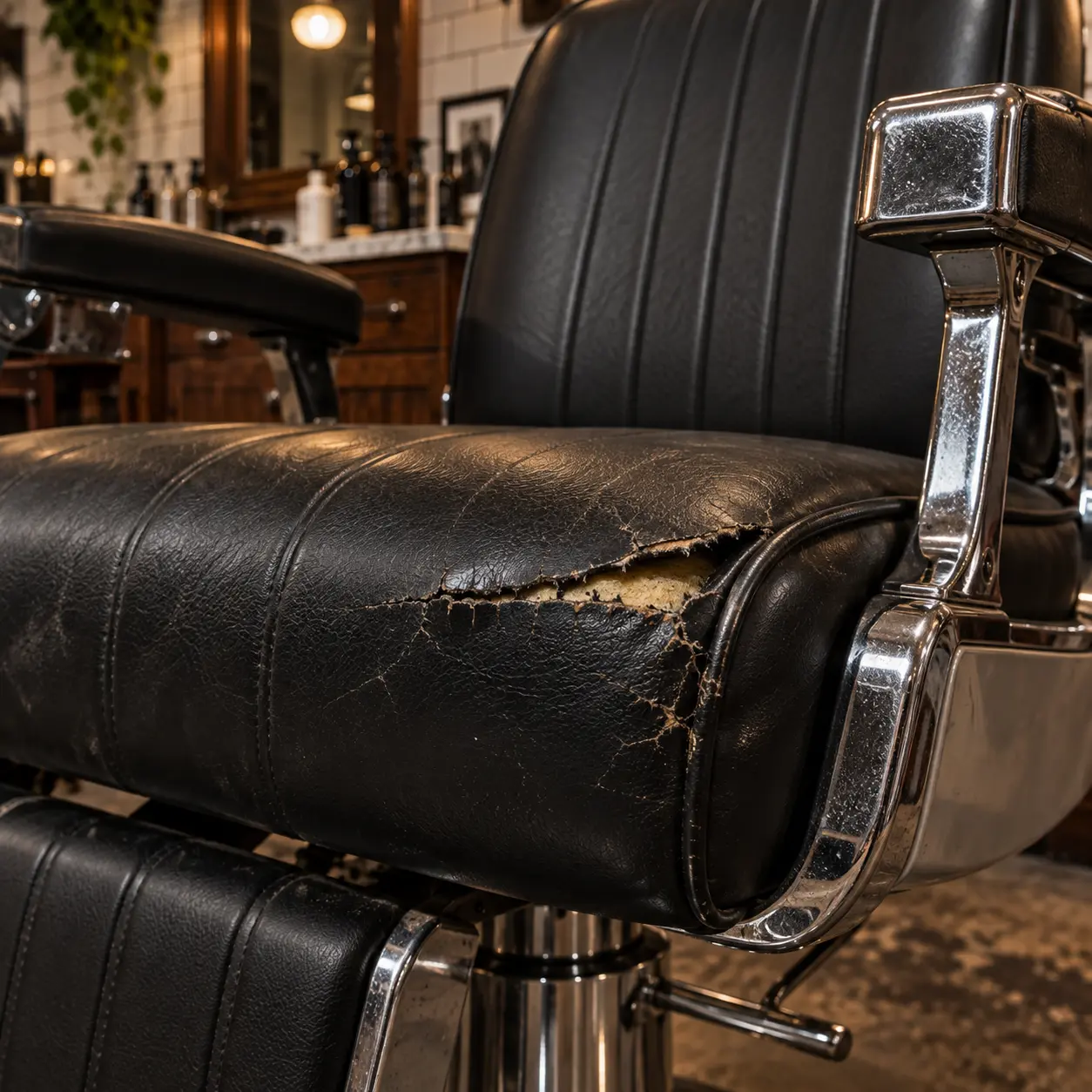 Black vinyl cracked along the front edge of a barber chair seat