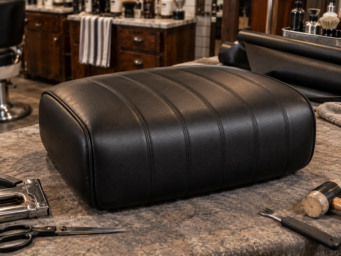 A whole black barber chair seat recovered in new vinyl
