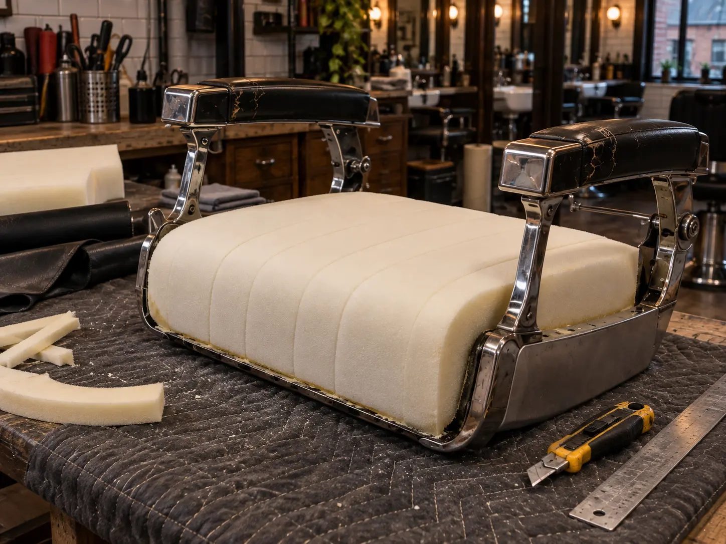 New foam glued and trimmed on a barber chair seat pan