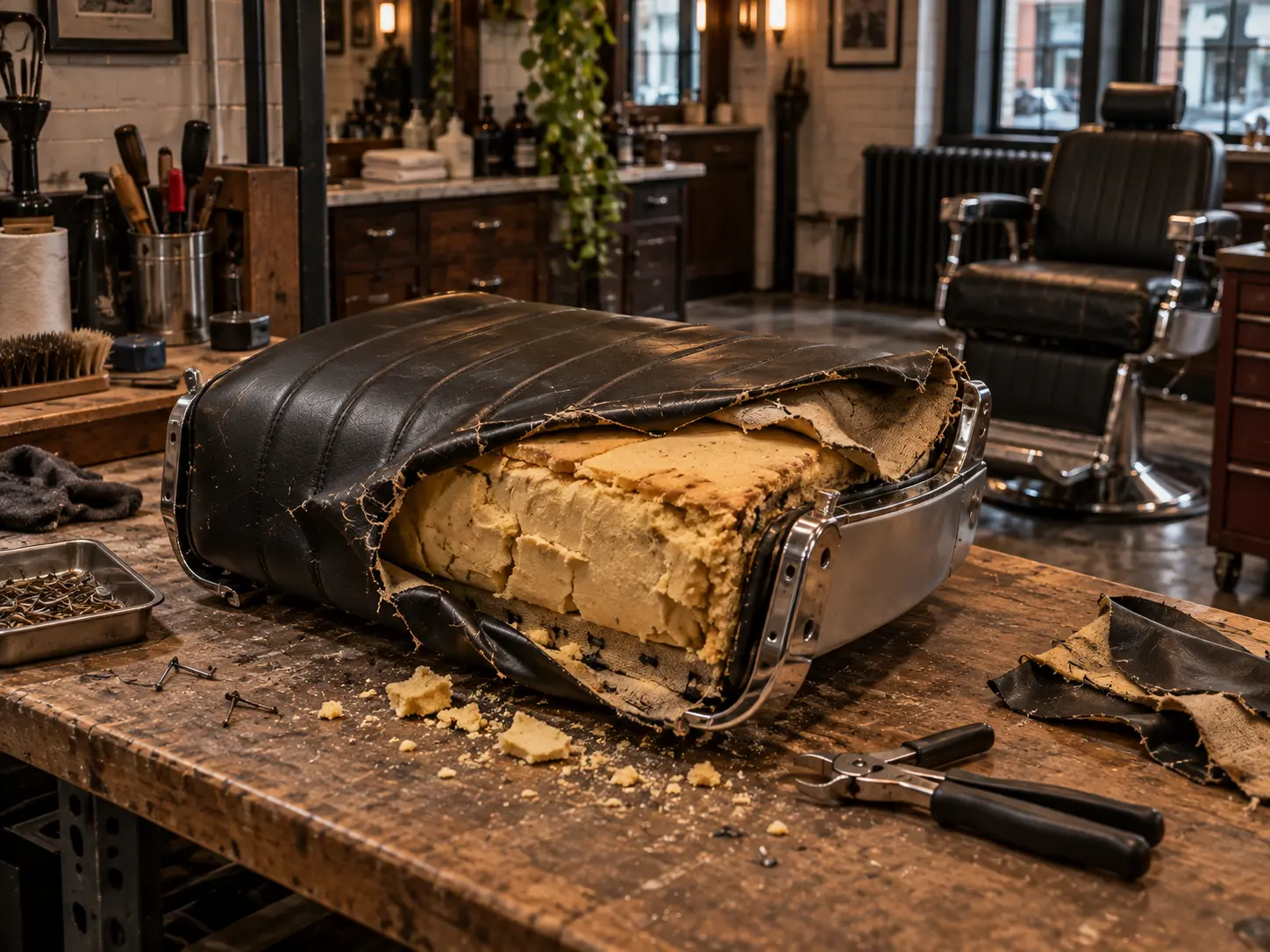 A barber chair seat with the old cover stripped and the old foam exposed