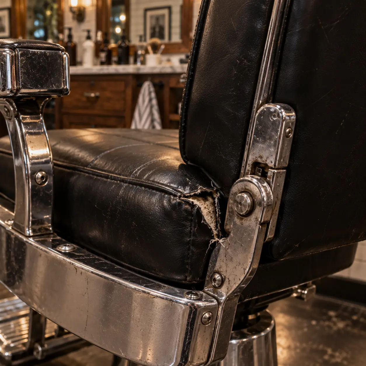 A black barber chair seat torn at the corner where the back reclines