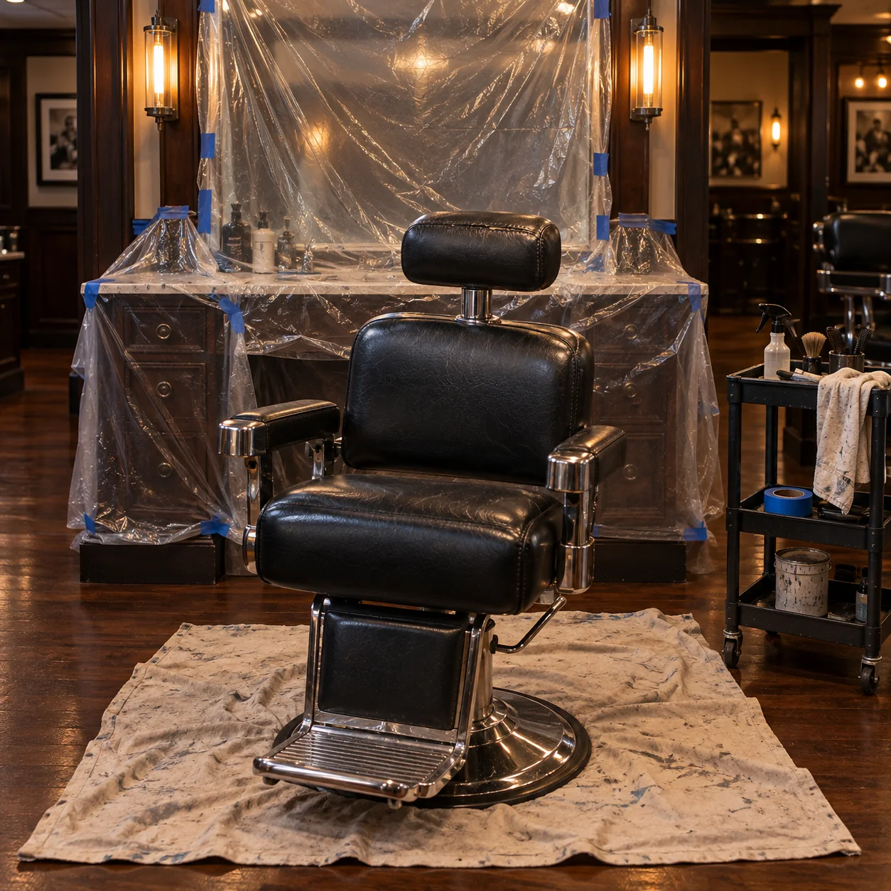 A barber chair on a drop cloth with the station mirror and counter masked in plastic
