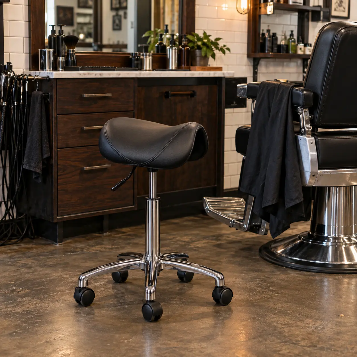 A black saddle stool on a gas lift beside a barber station