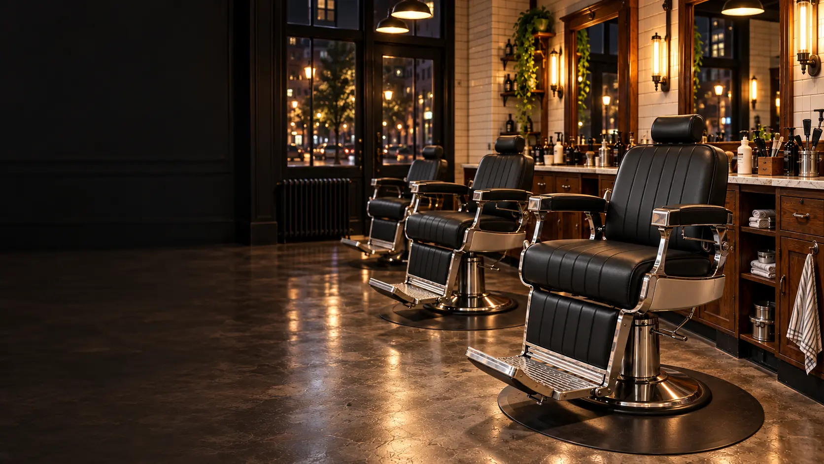 An empty barbershop at night with recovered black barber chairs at lit stations