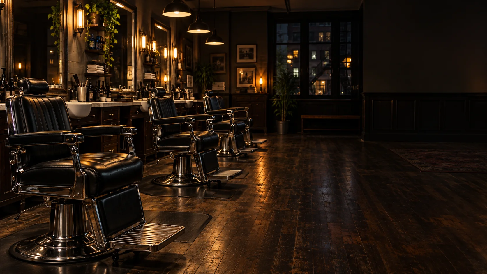 An empty barbershop in the evening, barber chairs lined up under warm lights