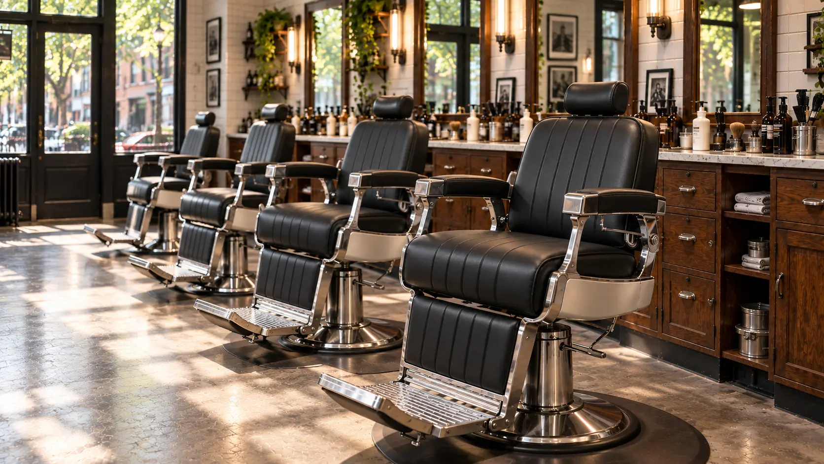 A full row of recovered black barber chairs in daylight