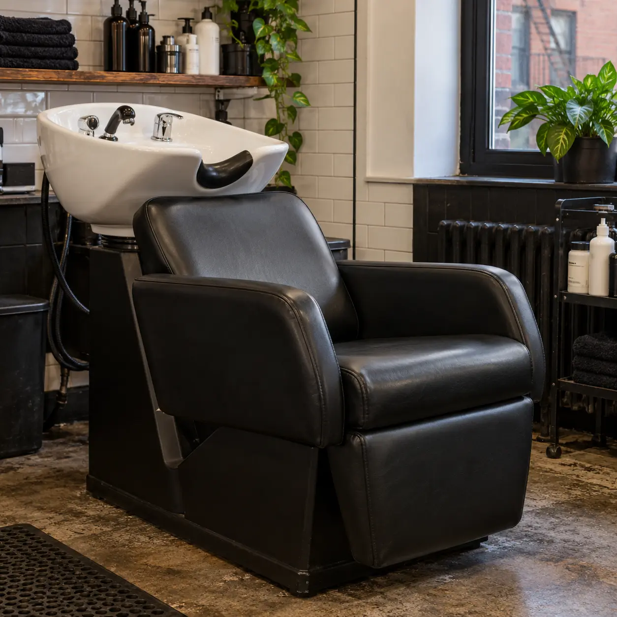 A black shampoo chair attached to a backwash sink