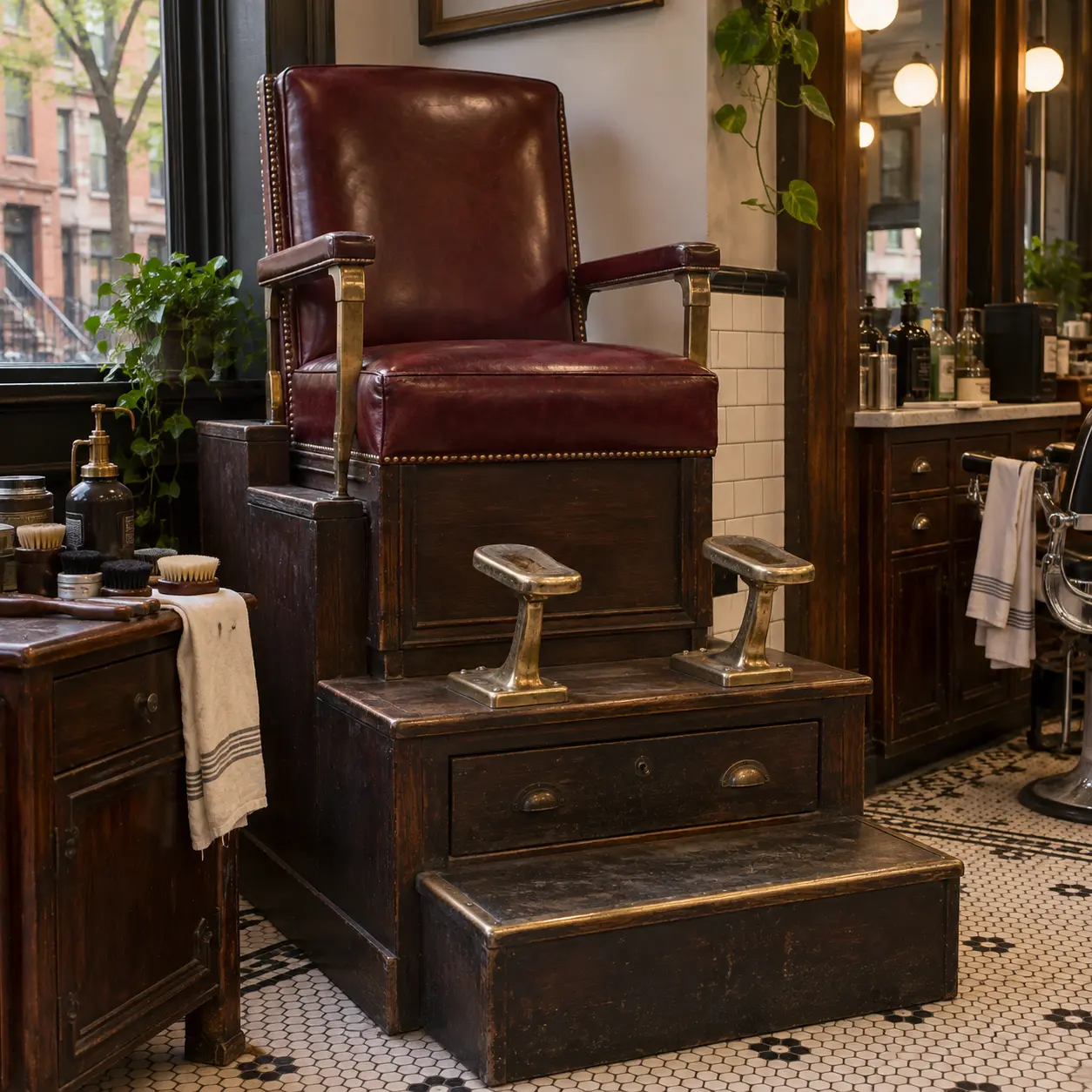 A shoeshine stand with an oxblood upholstered seat
