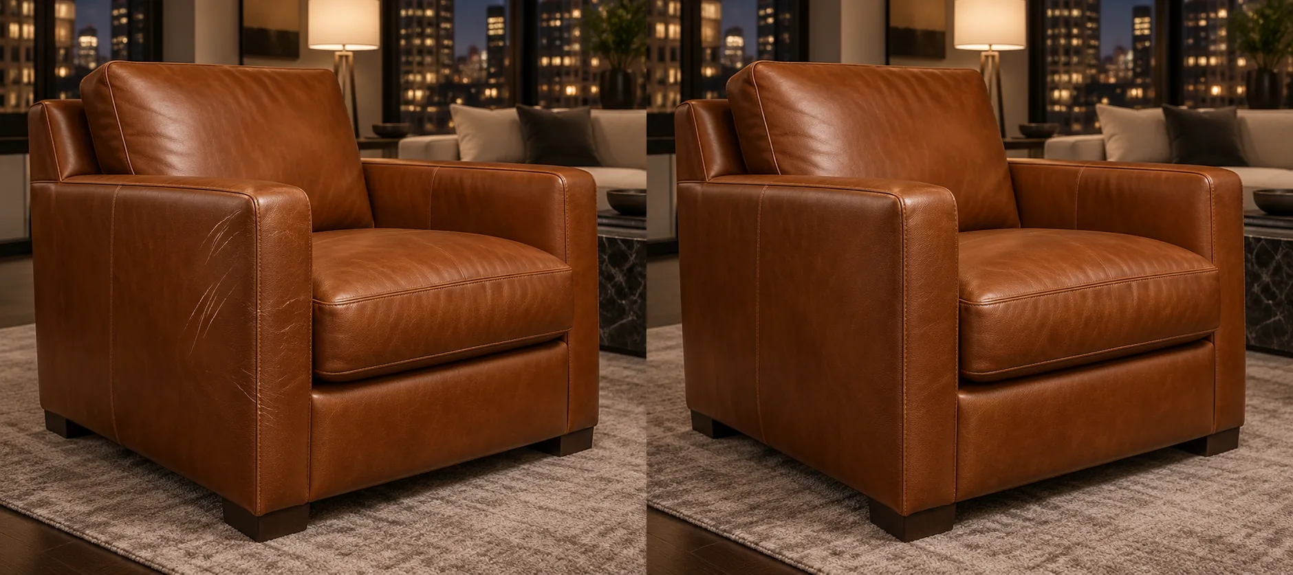 Before and after repair of pet scratches on an aniline leather armchair
