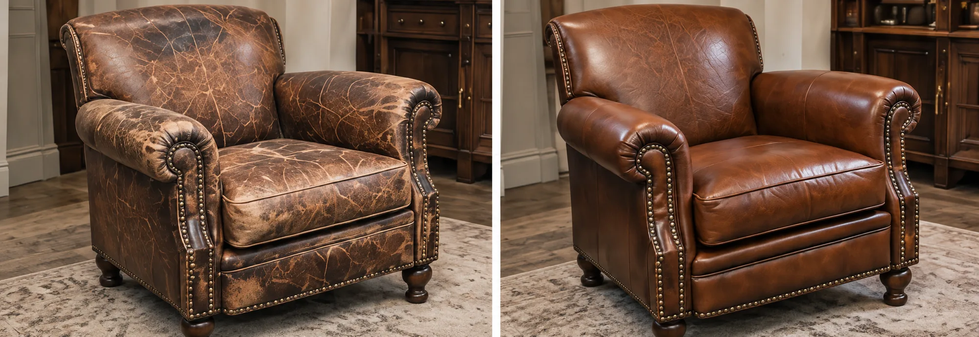 Before and after antique furniture restoration on a cracked leather armchair, restored to an even cognac finish